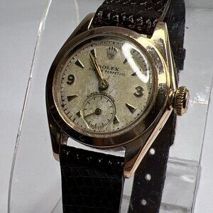 Vintage ROLEX 24mm Ladies Watch 14k Rose Gold Bubble Back Oyster Perpetual 18 J